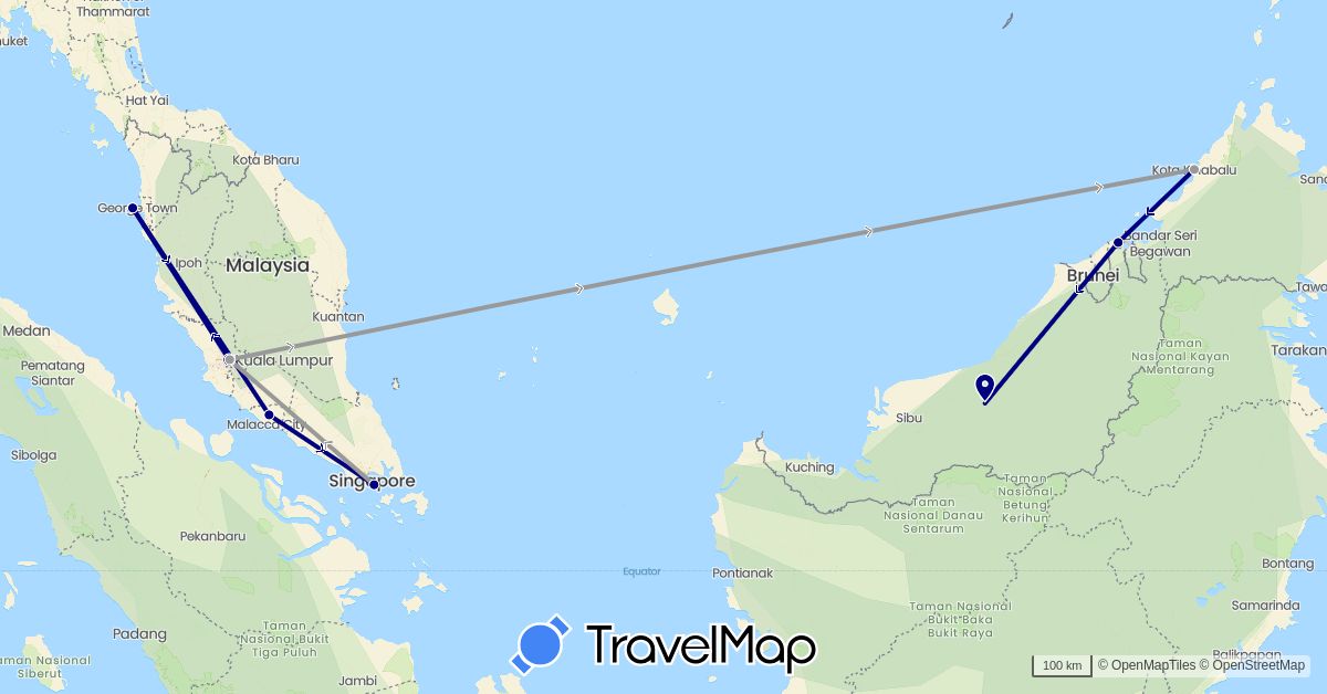 TravelMap itinerary: driving, plane in Brunei, Malaysia, Singapore (Asia)